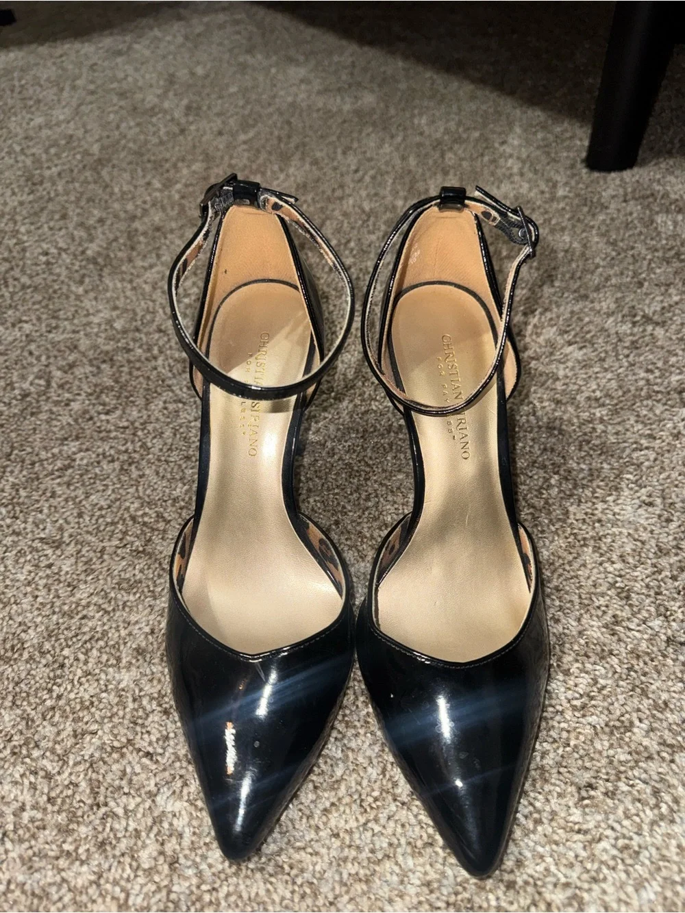 Christian Siriano Black Patent Leopard Ankle Strap Heels